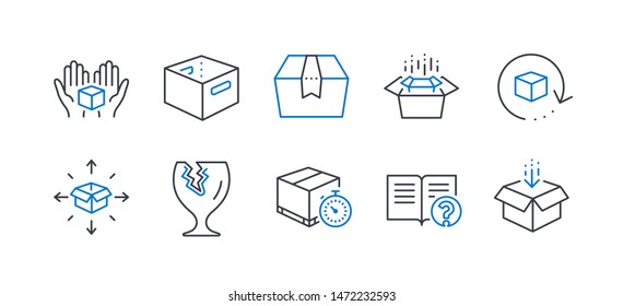 Set of Industrial icons, such as Office box, Delivery timer, Help, Parcel delivery, Hold box, Fragile package, Return package, Packing boxes line icons. Express logistics, Documentation. Vector