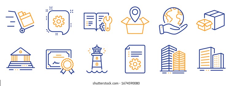 Set of Industrial icons, such as Package location, Engineering documentation. Certificate, save planet. Cogwheel, Skyscraper buildings, Buildings. Lighthouse, Push cart, Court building. Vector