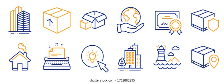 Set of Industrial icons, such as Package, Buildings. Certificate, save planet. Delivery insurance, Skyscraper buildings, Lighthouse. Parcel tracking, Energy, Home. Vector