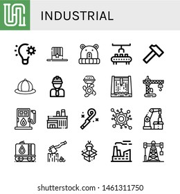 Set of industrial icons such as Piping, Automation, Hat, Robot arm, Hammer, Engineer, Boat engine, Dam, Crane, Fuel, Factory, Blower, Engineering, Robotic arm, Tank , industrial