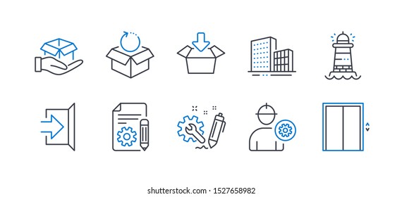 Set of Industrial icons, such as Return package, Hold box, Exit, Get box, Engineer, Engineering, Documentation, Buildings, Lighthouse, Lift line icons. Exchange goods, Delivery parcel. Vector