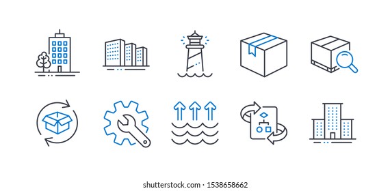 Set of Industrial icons, such as Return parcel, Skyscraper buildings, Lighthouse, Technical algorithm, Search package, Buildings, Evaporation, Customisation, Parcel, University campus. Vector