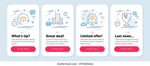 Set of Industrial icons, such as Return package, Engineering team, Buildings symbols. Mobile screen mockup banners. Fragile package line icons. Vector