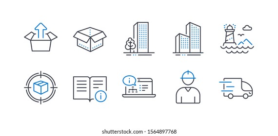 Set of Industrial icons, such as Send box, Lighthouse, Technical info, Parcel tracking, Online documentation, Open box, Buildings, Skyscraper buildings, Engineer, Truck delivery. Vector