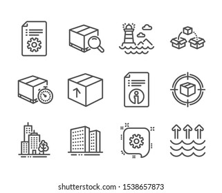 Set of Industrial icons, such as Skyscraper buildings, Technical info, Package, Parcel shipping, Evaporation, Technical documentation, Cogwheel, Search package, Lighthouse, Parcel tracking. Vector