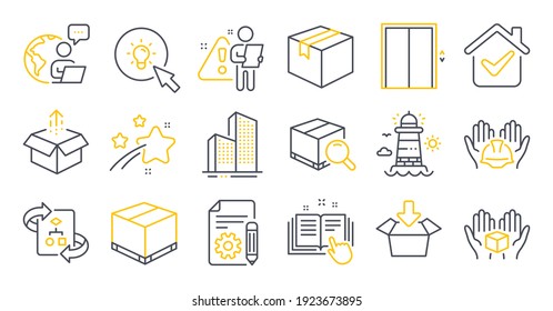 Set of Industrial icons, such as Skyscraper buildings, Documentation, Builders union symbols. Delivery box, Hold box, Technical documentation signs. Lighthouse, Lift, Energy. Parcel. Vector