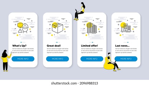 Set of Industrial icons, such as Skyscraper buildings, Parcel, Builder warning icons. UI phone app screens with people. Buildings line symbols. Vector