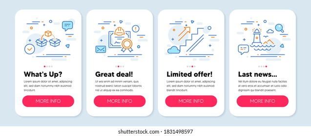 Set of Industrial icons, such as Stairs, Certificate, Parcel shipping symbols. Mobile screen banners. Lighthouse line icons. Stairway, Construction document, Send box. Navigation beacon. Vector