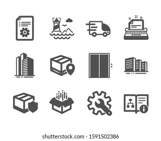 Set of Industrial icons, such as Technical documentation, Lighthouse, Skyscraper buildings, Delivery insurance, Open box, Buildings, Truck delivery, Typewriter, Parcel tracking, Lift. Vector