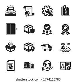 Set of Industrial icons, such as Technical documentation, Lighthouse. Certificate, approved group, save planet. Skyscraper buildings, Delivery insurance, Open box. Vector