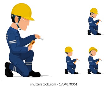 Set of industrial inspector is operating inspection equipment
