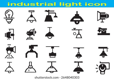 Conjunto de ícones de luz industrial em estilo de vetor plano. Inclui iluminação de fábrica, lâmpadas de teto, holofotes, painéis de LED, luzes suspensas e luminárias. Ideal para engenharia, construção e mente