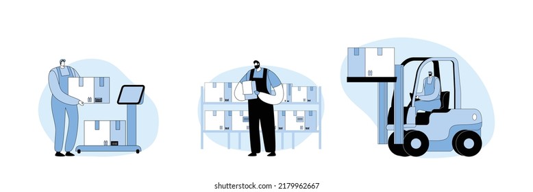 Set Industrial Logistics and Merchandising Business. Warehouse Workers Loading and Stacking Goods with Forklift Truck, Weigh Cargo on Floor Scales and Writing Notes. Line Art Flat Vector Illustration