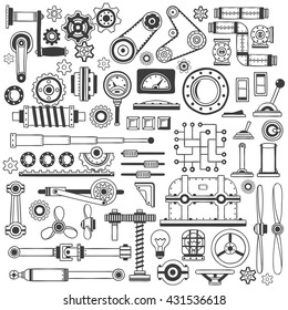 Set of industrial machine parts in doodle style. Suitable for construction machinery.