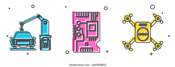 Set Industrial machine robotic robot arm hand, Electronic computer components motherboard digital chip and Drone flying with action camera icon. Vector