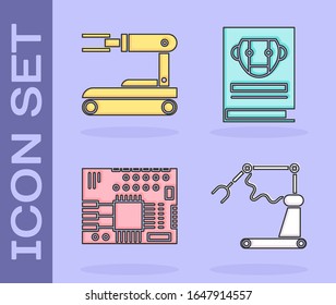 Ajuste Fabricación de robots robotizados industriales, Robot, PCB de placa de circuito impreso y icono manual del usuario. Vector