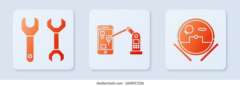 Set Industrial machine robotic robot arm hand, Spanner and Robot vacuum cleaner. White square button. Vector