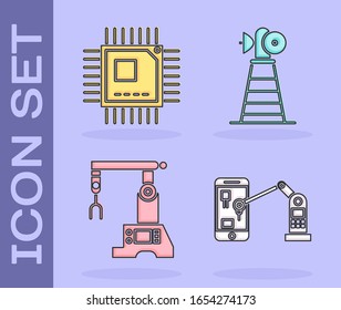 Set Industrial machine robotic robot arm hand, Processor with microcircuits CPU, Assembly line and Antenna icon. Vector