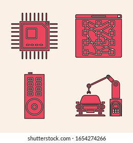 Set Industrial Machine Roboter Arm Hand, Prozessor mit Mikroschaltungen CPU, Global Technologie oder sozialen Netzwerk und Remote-Steuerung Symbol. Vektorillustration