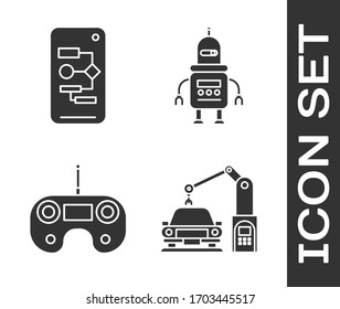 Set Industrial machine robotic robot arm hand, Algorithm, Remote control and Robot icon. Vector