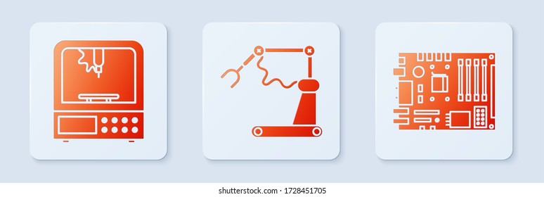 Set Industrial machine robotic robot arm hand factory, 3D printer and Electronic computer components motherboard digital chip. White square button. Vector