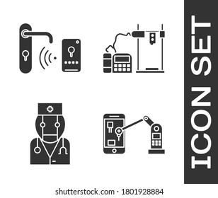 Set Industrial machine robotic robot arm hand, Digital door lock with wireless technology for unlock, Robot doctor and 3D printer icon. Vector
