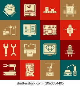 Set Industrial machine robotic robot arm hand, Robot, Conveyor belt with cardboard box, Computer monitor screen, 3D printer, vacuum cleaner and Printed circuit PCB icon. Vector