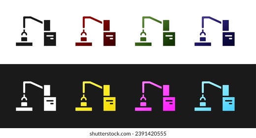 Set Industrial machine robotic robot arm hand factory icon isolated on black and white background. Industrial robot manipulator.  Vector