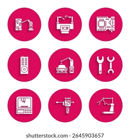 Set Industrial machine robotic robot arm hand, Mechanical screwdriver, factory, Spanner, 3D printer, Remote control, Printed circuit board PCB and  icon. Vector