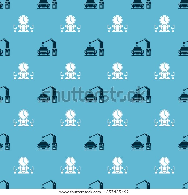 Set Industrial\
machine robotic robot arm hand and Robot and digital time manager\
on seamless pattern.\
Vector