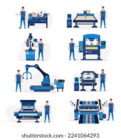 Conjunto de máquinas industriales. Recogida de equipos de fabricación. Lathe, loom, cnc, fresadora. impresora 3d, corte láser. Trabajadores, operadores en la fábrica. Ilustración vectorial plana.