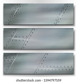 Set of industrial metal banners. Riveted metal plates. Vector illustration.