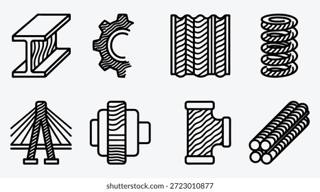 Conjunto de herramientas de ingeniería mecánica de metal industrial y piezas de varios iconos de hardware de construcción