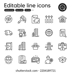 Set of Industrial outline icons. Contains icons as Return parcel, Construction document and Brush elements. Lighthouse, Packing boxes, Buildings web signs. Evaporation, Engineer. Vector