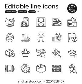 Set of Industrial outline icons. Contains icons as Night city, Open door and Door elements. Builder warning, Wholesale goods, Buildings web signs. Brush, Send box, Packing boxes elements. Vector