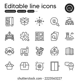 Set of Industrial outline icons. Contains icons as Customisation, Brush and House protection elements. Inspect, Engineering plan, Entrance web signs. Get box, Buildings, Open box elements. Vector