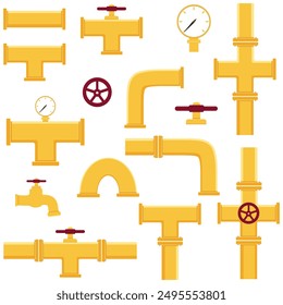 A set of industrial pipelines. Oil, water or gas pipeline with fittings and valves. Isolated vector illustration