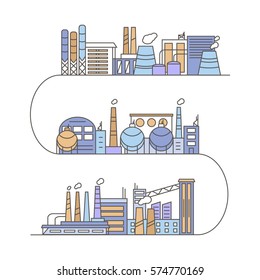 Set of Industrial Plants in Linear Style. Industrial buildings vector icons.

