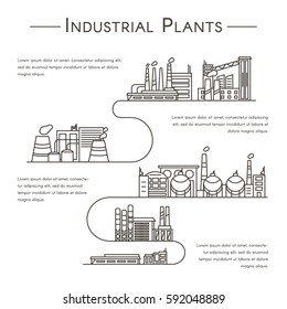 Conjunto de Plantas Industriais em Estilo Linear. Ícones vetoriais de edifícios industriais.