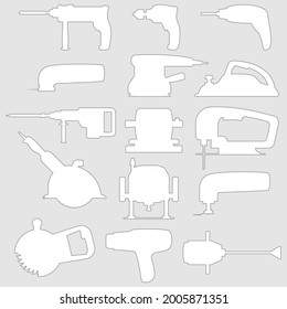 Set of industrial power tools icons for background with white outline silhouettes. Vector illustration for website background, package design, store window design and signboard.