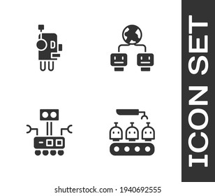 Poner a la producción industrial de robots, robots e ícono de inteligencia artificial. Vector