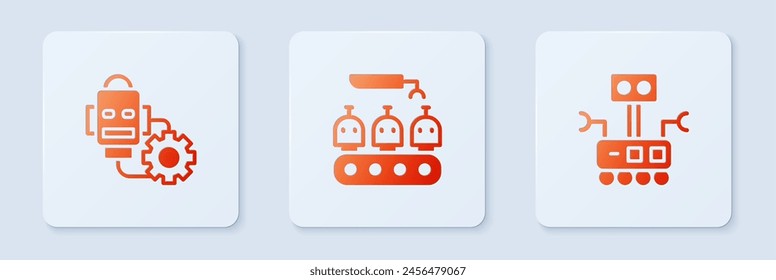 Establecer la producción de Industrial de robots, configuración de robots y . Botón cuadrado blanco. Vector