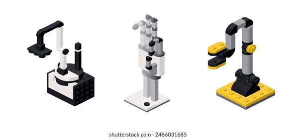 Set of industrial robots in isometry. Vector illustration