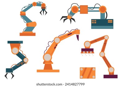 Reihe von Industrierobotern-Manipulatoren. Robotisierter Arm, moderne Robotertechnik, Förderer. Fabrikationsmaschinen automatisch. 