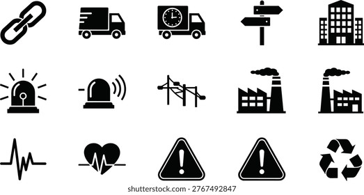 Set of Industrial and Safety Icons Featuring Delivery Trucks Factory Buildings Emergency Sirens Warning Signs Heart Rate Monitor Chain Link and Recycling Symbol Isolated on White