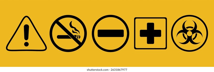 Set of Industrial Safety and Warning Icons in Yellow and Black