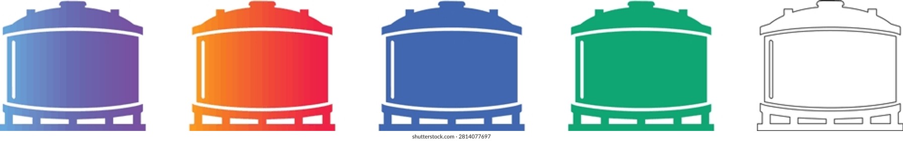 A set of industrial storage tank icons showing large containers for liquids or gases. These graphics are ideal for chemical, energy, or agricultural industry technical illustrations.