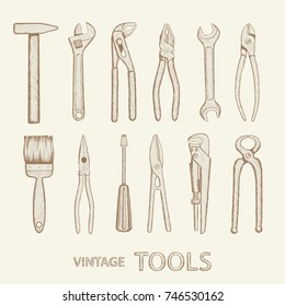 Set of industrial tools in retro style. Hand drawn doodle sketch image. Stock vector illustration.