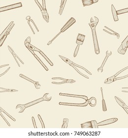 Set of industrial tools in retro style. Seamless pattern. Hand drawn doodle sketch image. Stock vector illustration.