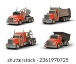 Set of industrial trucks of various types. 3D concrete mixer, garbage truck, tow truck, dumper. Utilities. Colored icons for web design. Detailed vector images with texture, reflections, shadows